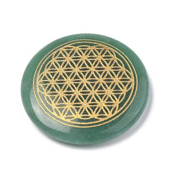 Chakras Themed Natural Green Aventurine Cabochons, Flat Round with Flower of Life, 35x6~7mm