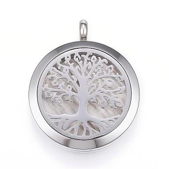 304 Stainless Steel Diffuser Locket Pendants, with Perfume Pad and Magnetic Clasps, Flat Round with Tree, Black, 36.5~37x30x6.5~7mm, Hole: 5mm