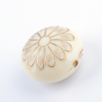 Flat Round with Flower Plating Acrylic Beads, Golden Metal Enlaced, Beige, 16x10mm, Hole: 1.5mm, about 380pcs/500g