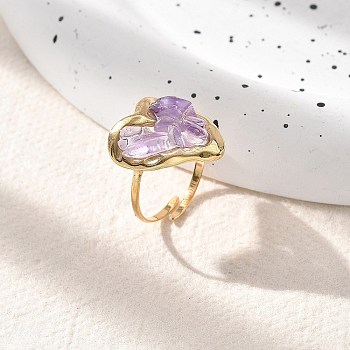 Heart Natural Amethyst Finger Rings, 304 Stainless Steel Open Cuff Rings for Women, Real 18K Gold Plated, Heart: 18.5x16.5mm, Adjustable