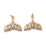 Brass Micro Pave Clear Cubic Zirconia Pendants, Fishtail Charms, Long-Lasting Plated, Rack Plating, Lead Free & Cadmium Free, Real 18K Gold Plated, 19x21x4mm, Hole: 3.5mm(CU-H002-01G)