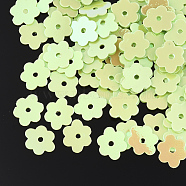 Ornament Accessories, PVC Plastic Paillette/Sequins Beads, Flower, Pale Green, 6x7~7.5x0.4mm, Hole: 1mm, about 35000pcs/500g(PVC-S033-07G)
