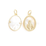 Religion Brass Pendants, with Natural Shell and Jump Ring, Oval with Virgin Mary, Golden, 16.5x12x3.5mm, Hole: 3mm(ZIRC-E164-46G)