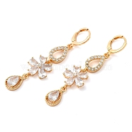 Rack Plating Golden Brass Dangle Leverback Earrings, with Cubic Zirconia, Flower, Clear, 57x14mm(EJEW-B037-16G)