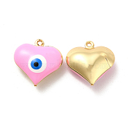 Brass Enamel Pendants, Real 18K Gold Plated, Long-Lasting Plated, Heart with Evil Eye, Pink, 17x16.5x7mm, Hole: 1.2mm(KK-P222-01G-01)