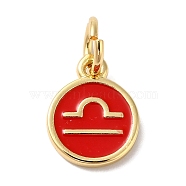 Real 18K Gold Plated Brass Enamel Charms, with Jump Ring, Long-Lasting Plated, Lead Free & Cadmium Free, Flat Round with Libra Charms, Red, 10x8x1mm, Hole: 4mm(KK-L216-001G-K03)