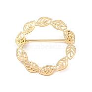 Hollow Leaf Ring Brass Brooches for Women, Real 14K Gold Plated, 29.5x30mm(JEWB-Z032-01G)