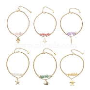 304 Stainless Steel Charm Anklets, Multi-Strand Anklets, with Natural Gemstone Chips, 22x0.15cm, 6pcs/set(AJEW-AN00511)
