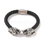 Braided Microfiber Leather Cord Bracelets, 304 Stainless Steel Dragon Bracelets for Men, Antique Silver, 8-1/2x1/4 inch(21.7x0.8cm)(BJEW-B096-19C)