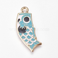 Alloy Enamel Pendants, Koi Fish Flags, Golden, Sky Blue, 35x14x1.5mm, Hole: 2.8mm(ENAM-O035-06G-B)