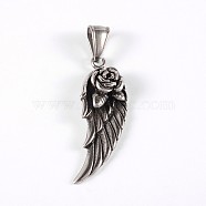 316 Surgical Stainless Steel Pendants, Wing with Rose, Antique Silver, 38x14x7mm, Hole: 8x4mm(STAS-E070-05)