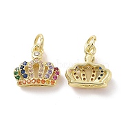 Brass Micro Pave Colorful Cubic Zirconia Charms, with Jump Ring, Crown Charm, Real 18K Gold Plated, 11.5x12x4mm, Hole: 3.5mm(KK-E068-VF131)