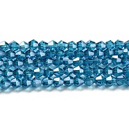 Transparent Electroplate Glass Beads Strands, Pearl Luster Plated, Faceted, Bicone, Steel Blue, 4x4mm, Hole: 0.8mm, about 82~85pcs/strand, 12.01~12.2 inch(30.5~31cm)(EGLA-A039-T4mm-A01)