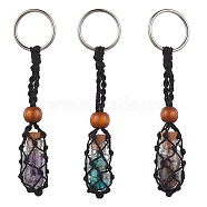 Natural & Synthetic Gemstone Wishing Bottle Keychain, Nylon Cord Macrame Pouch Stone Holder, with Iron Split Key Rings and Wood Bead, 10.5cm(KEYC-JKC00726)