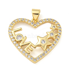 Rack Plating Brass Micro Pave Cubic Zirconia Pendants, Cadmium Free & Lead Free, Long-Lasting Plated, Heart with Word Love, for Valentine's Day, Real 18K Gold Plated, 20.5x23x3.5mm, Hole: 4x3.5mm(KK-C044-17G)