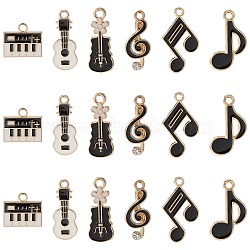 30Pcs 6 Styles Alloy Pendants, with Enamel, Light Gold, Musical Note/Piano/Guitar/Violin, Black, 13~25x9~22x1~2mm, Hole: 1.8mm, 5pcs/style(ENAM-CJ0004-85)