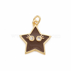 Brass Micro Pave Clear Cubic Zirconia Pendants, with Enamel & Jump Ring, Cadmium Free & Nickel Free & Lead Free, Star Smiling Face, Real 16K Gold Plated, Saddle Brown, 19x17x2mm, Jump Ring: 5x1mm, 3mm inner diameter(ZIRC-S067-065E-NR)
