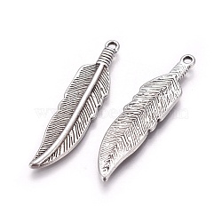 Tibetan Style Alloy Charms, Lead Free & Cadmium Free, Feather, Antique Silver, 42x10x2mm, Hole: 2mm(X-TIBEP-16624-AS-RS)