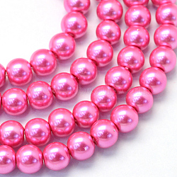 Baking Painted Pearlized Glass Pearl Round Bead Strands, Hot Pink, 8~9mm, Hole: 1mm, about 105pcs/strand, 31.4 inch(X-HY-Q330-8mm-54)