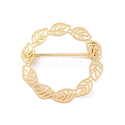 Hollow Leaf Ring Brass Brooches for Women, Real 14K Gold Plated, 29.5x30mm(JEWB-Z032-01G)