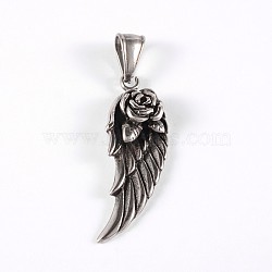 316 Surgical Stainless Steel Pendants, Wing with Rose, Antique Silver, 38x14x7mm, Hole: 8x4mm(STAS-E070-05)