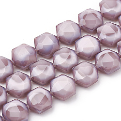 Opaque Solid Color Glass Beads Strands, Faceted, Hexagon, Flamingo, 15x14x8mm, Hole: 1mm, about 24pcs/strand, 14.17 inch(36cm)(GLAA-N032-01B)