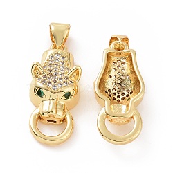 Brass Micro Pave Cubic Zirconia Pendants, Leopard Head with Ring Charm, Golden, 27x10x6.5mm, Hole: 5x3mm(ZIRC-P106-32G)