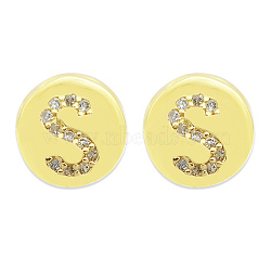 Brass Micro Pave Clear Cubic Zirconia Beads, Flat Round with Letter, Letter.S, 7.5x6.5mm, Hole: 3.5mm, 3pcs/bag(KK-T030-LA843-SX3)