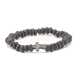 Natural Lava Rock Beaded Stretch Bracelet, Brass Cross Bracelet with Clear Cubic Zirconia for Women, Gunmetal, Inner Diameter: 2 inch(5cm)(BJEW-JB08294-01)