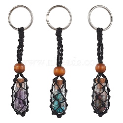 Natural & Synthetic Gemstone Wishing Bottle Keychain, Nylon Cord Macrame Pouch Stone Holder, with Iron Split Key Rings and Wood Bead, 10.5cm(KEYC-JKC00726)