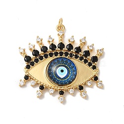 Rack Plating Brass Cubic Zirconia Pendants, with Glass, Lead Free & Cadmium Free, Long-Lasting Plated, with Jump Ring, Evil Eye, Real 18K Gold Plated, Marine Blue, 35x35.5x5mm, Hole: 3.5mm(KK-G504-19G-01)