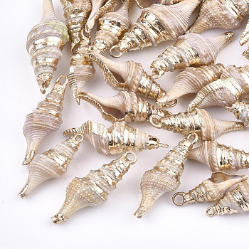 Electroplate Spiral Shell Pendants, with Iron Findings, Light Gold, PeachPuff, 24~37x9~14x9~12mm, Hole: 2mm