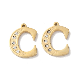 Real 14K Gold Plated 304 Stainless Steel Pendants, with Rhinestone, Letter C, 18.5x14.5x2mm, Hole: 1.2mm