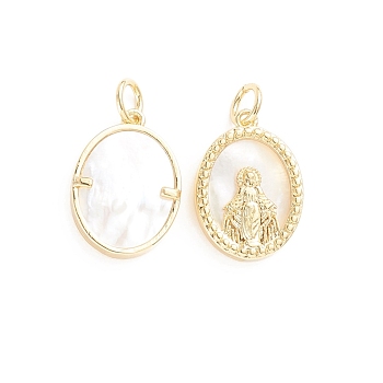 Religion Brass Pendants, with Natural Shell and Jump Ring, Oval with Virgin Mary, Golden, 16.5x12x3.5mm, Hole: 3mm