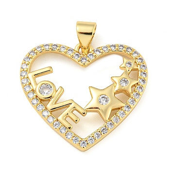 Rack Plating Brass Micro Pave Cubic Zirconia Pendants, Cadmium Free & Lead Free, Long-Lasting Plated, Heart with Word Love, for Valentine's Day, Real 18K Gold Plated, 20.5x23x3.5mm, Hole: 4x3.5mm