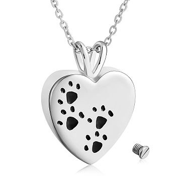 316L Surgical Stainless Steel Heart with Paw Print Urn Ashes Pendant Necklace with Enamel, Memorial Jewelry for Men Women, Stainless Steel Color, Black, 17.72 inch(45cm)