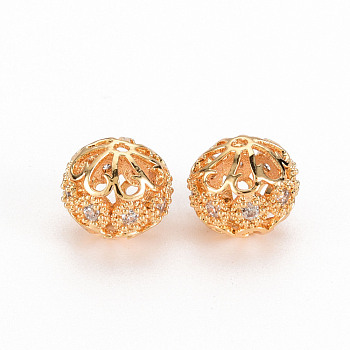 Hollow Brass Micro Pave Clear Cubic Zirconia Beads, Nickel Free, Round, Real 18K Gold Plated, 12.5x11.5mm, Hole: 1.5mm