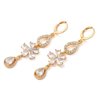 Rack Plating Golden Brass Dangle Leverback Earrings, with Cubic Zirconia, Flower, Clear, 57x14mm