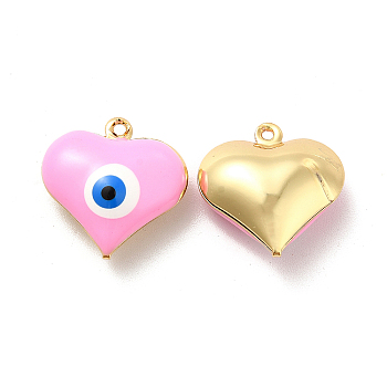 Brass Enamel Pendants, Real 18K Gold Plated, Long-Lasting Plated, Heart with Evil Eye, Pink, 17x16.5x7mm, Hole: 1.2mm