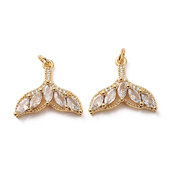Brass Micro Pave Clear Cubic Zirconia Pendants, Fishtail Charms, Long-Lasting Plated, Rack Plating, Lead Free & Cadmium Free, Real 18K Gold Plated, 19x21x4mm, Hole: 3.5mm
