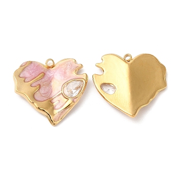 304 Stainless Steel Enamel Pendants, with Rhinestones, Real 18K Gold Plated, Heart Charm, Pink, 19x20x2.5mm, Hole: 1.5mm
