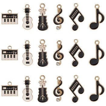 30Pcs 6 Styles Alloy Pendants, with Enamel, Light Gold, Musical Note/Piano/Guitar/Violin, Black, 13~25x9~22x1~2mm, Hole: 1.8mm, 5pcs/style