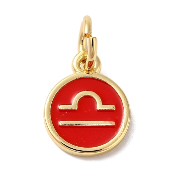 Real 18K Gold Plated Brass Enamel Charms, with Jump Ring, Long-Lasting Plated, Lead Free & Cadmium Free, Flat Round with Libra Charms, Red, 10x8x1mm, Hole: 4mm