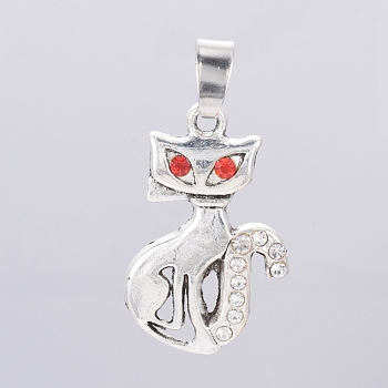 Antique Silver Plated Alloy Kitten Pendants, with Rhinestone, Cartoon Cat Shape, Crystal, 25.5x16x2.5mm, Hole: 7x5mm