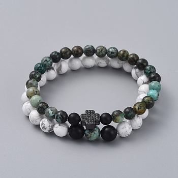 Stretch Bracelet Sets, Stackable Bracelets, Natural African Turquoise(Jasper) Beaded Bracelets & Natural Howlite Beaded Bracelets, with Natural Black Agate(Dyed) Beads and Brass Micro Pave Cubic Zirconia Links, Cross, 2 inch(50mm), 2pcs/set