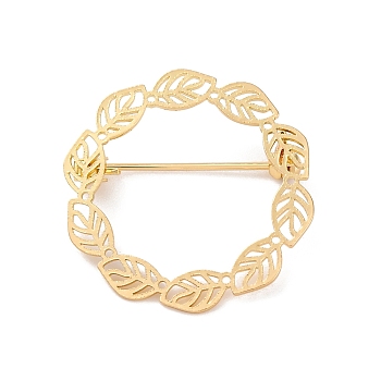 Hollow Leaf Ring Brass Brooches for Women, Real 14K Gold Plated, 29.5x30mm