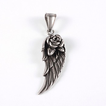 316 Surgical Stainless Steel Pendants, Wing with Rose, Antique Silver, 38x14x7mm, Hole: 8x4mm