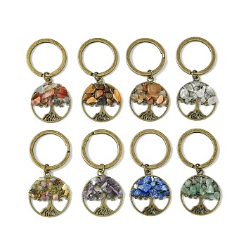 Tibetan Style Alloy & Natural Mixed Gemstone Chips Pendant Keychain, with Iron Split Rings, Flat Round with Tree of Life, Antique Bronze, 5.35cm, 8pcs/set