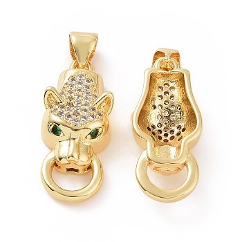 Brass Micro Pave Cubic Zirconia Pendants, Leopard Head with Ring Charm, Golden, 27x10x6.5mm, Hole: 5x3mm