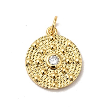 Rack Plating Brass Micro Pave Clear Cubic Zirconia Pendants, with Jump Ring, Cadmium Free & Nickel Free & Lead Free, Flat Round, Real 18K Gold Plated, 17x15x2.5mm, Hole: 3.6mm
